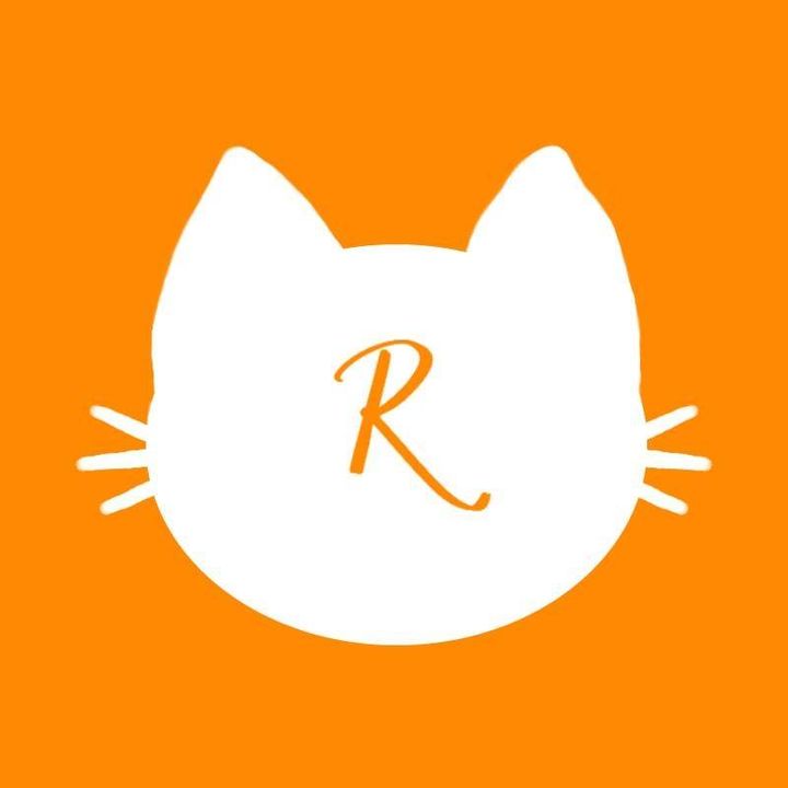 logo des éditions Relicha : une tête de chat blanche sur fond orange avec un R au centre