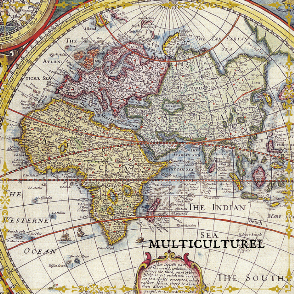 Carte ancienne représentant l'Afrique, l'Asie et l'Europe. Titre : "multiculturel"