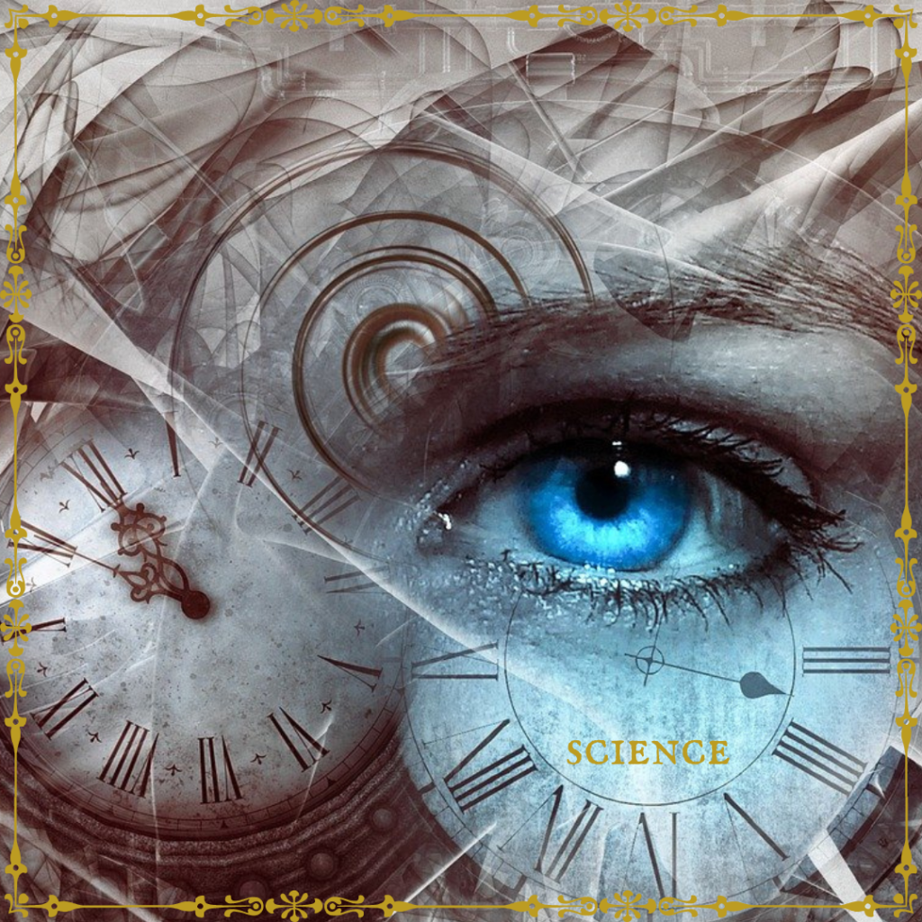 collage d'images - plusieurs horloges, des arabesques abstraites et un œil bleu, seul élément en couleur. Le mot "science" apparaît sous l’œil. 