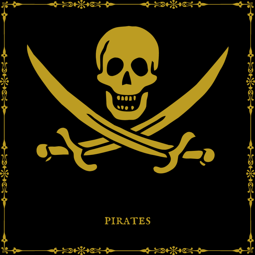 Un crâne surplombe deux sabres croisés comme dans un drapeau pirate. En dessous, le mot pirates.
