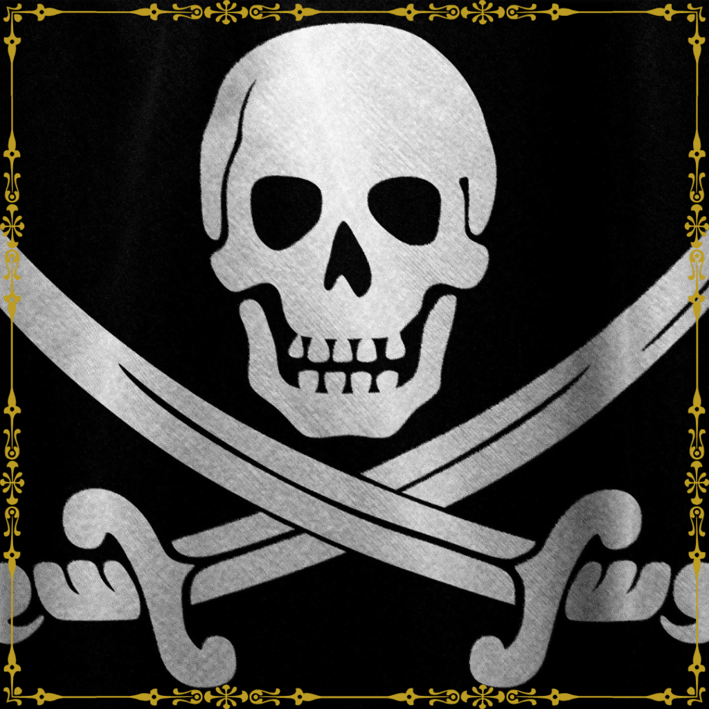 drapeau pirate représentant un crâne et deux sabres croisés sur fond noir