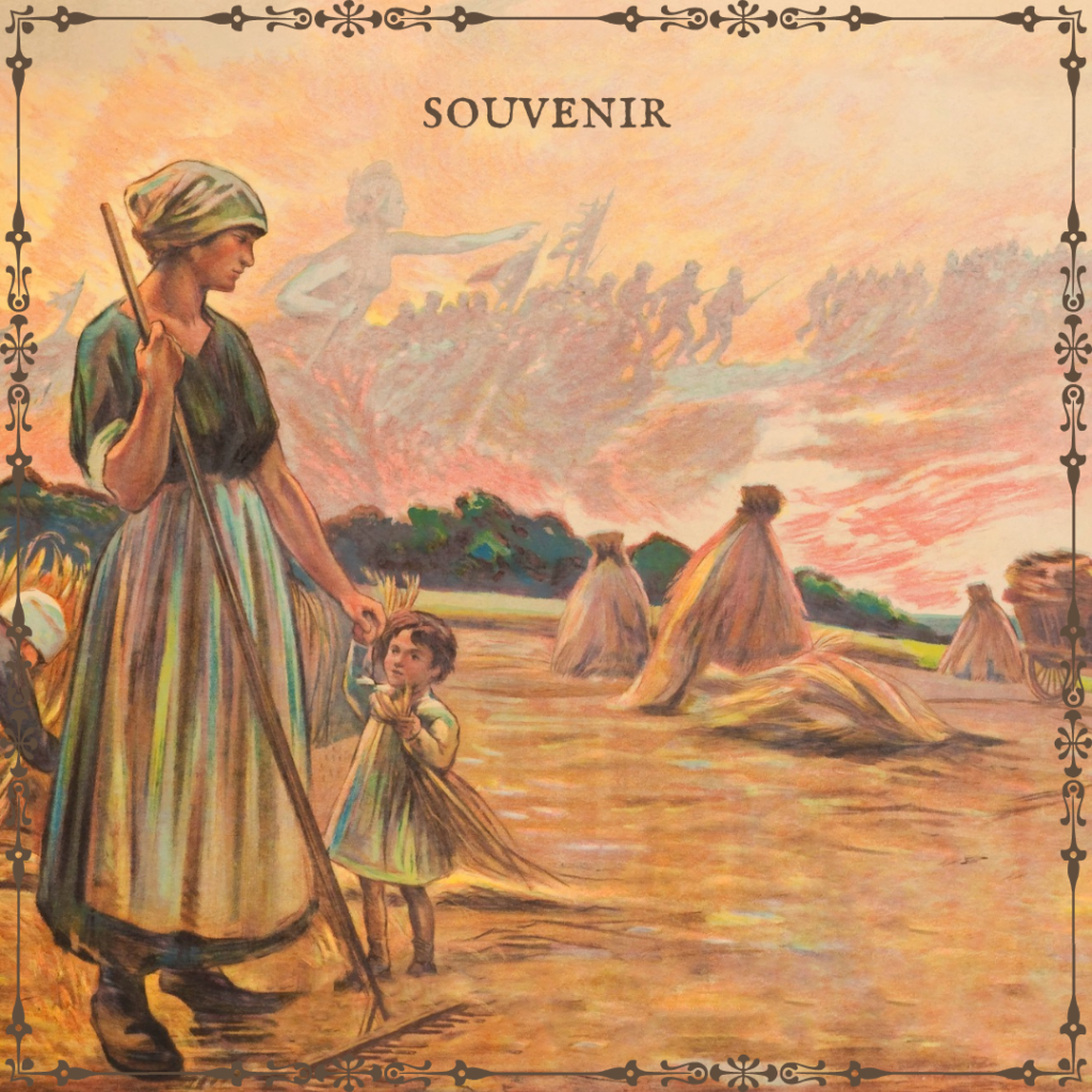 tableau en couleurs pastels représentant une scène agricole, avec une femme tenant la main d'un enfant, tous deux au travail. Dans le ciel, les nuages forment une troupe en marche, avec une allégorie de la République qui les pousse à avancer.